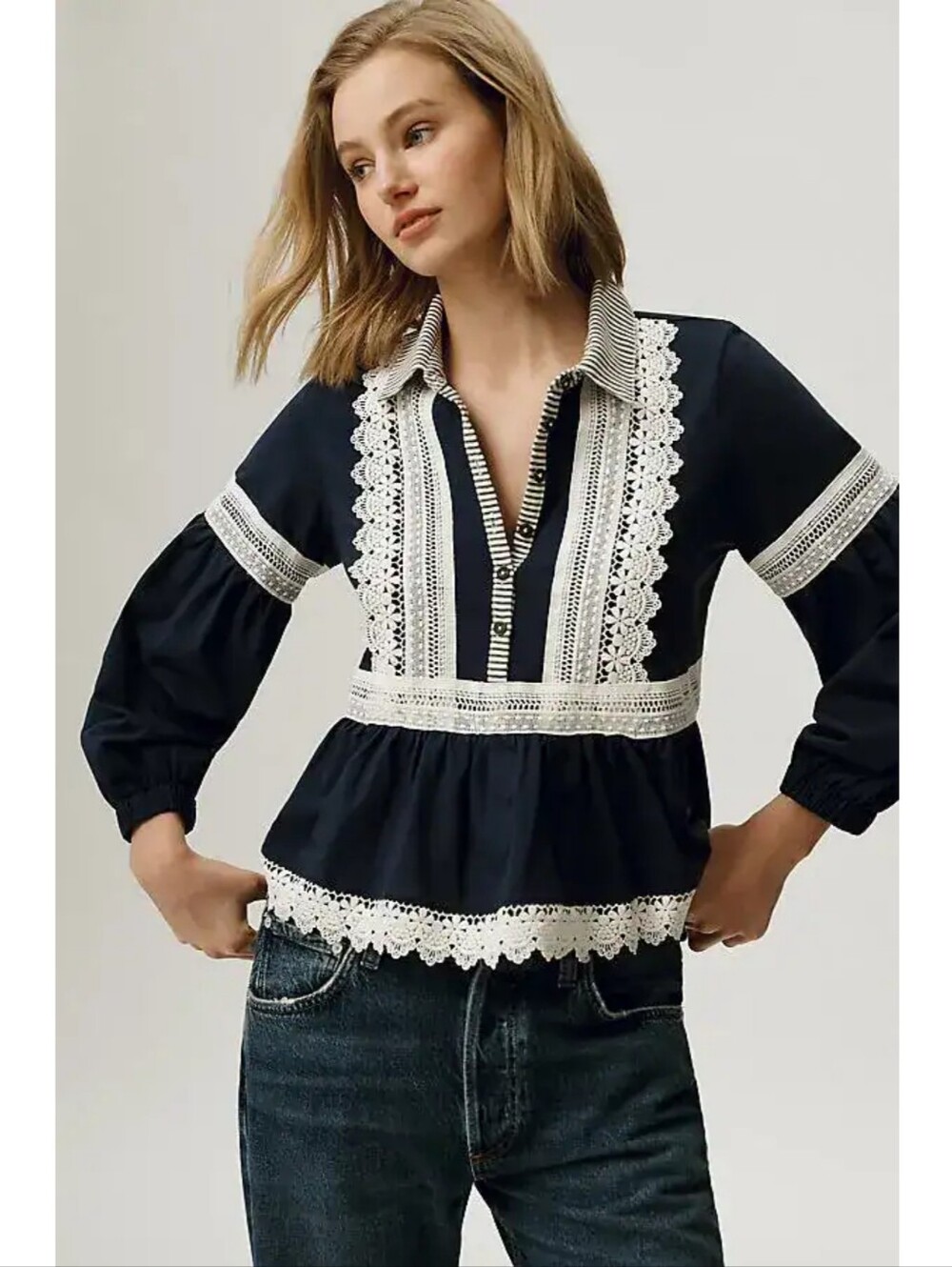 Maeve Lace Placket Blouse In Blue And White Size XL